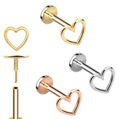 Vàng 14K có đường viền trái tim có ren phẳng trở lại hoa tai đinh tán đinh tán khuyên tai Đồ trang sức