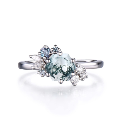 Lục Giác Cắt Rêu Tự Nhiên Mã Não Vintage Độc Đáo Moissanite Nhẫn Cưới Cho Trang Trí Nghệ Thuật