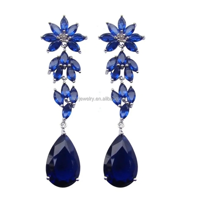 Trang sức cưới, Bông tai dài màu xanh đá Tanzanite Bạc 925 Mạ Rhodium