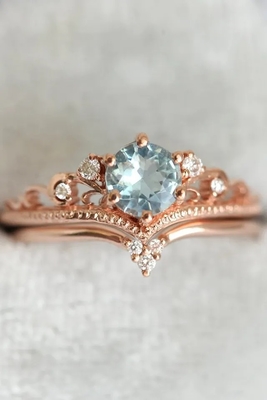 Tinh Tế S925 Hoa Hồng Mạ Vàng Hình Tròn Tự Nhiên Nhẫn Đá Aquamarine Trang Sức Nữ