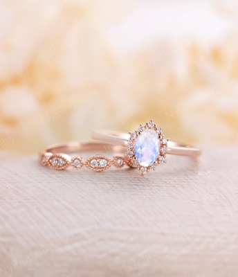 Vàng hồng 14K màu xanh lam Bộ nhẫn đá mặt trăng tự nhiên xếp chồng nhẫn mặt trăng