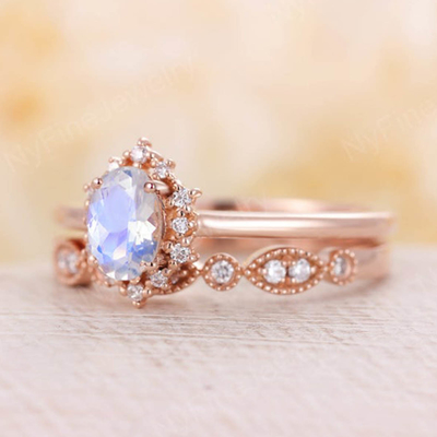 Vàng hồng 14K màu xanh lam Bộ nhẫn đá mặt trăng tự nhiên xếp chồng nhẫn mặt trăng