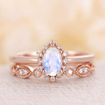 Vàng hồng 14K màu xanh lam Bộ nhẫn đá mặt trăng tự nhiên xếp chồng nhẫn mặt trăng