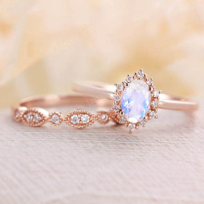 Vàng hồng 14K màu xanh lam Bộ nhẫn đá mặt trăng tự nhiên xếp chồng nhẫn mặt trăng