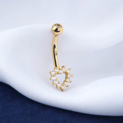 Trang sức cơ thể bằng vàng 14K Trái tim rỗng CZ Vòng đeo bụng 14G Vòng rốn