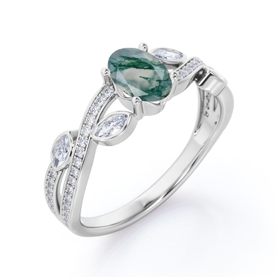 Nhẫn cổ điển 7 viên đá 1.1 carat hình bầu dục cắt mã não xanh rêu và nhẫn cưới chuôi trơn kim cương bằng vàng trắng