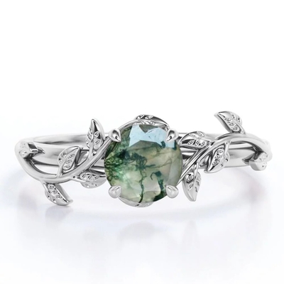 Nhẫn cổ điển 7 viên đá 1.1 carat hình bầu dục cắt mã não xanh rêu và nhẫn cưới chuôi trơn kim cương bằng vàng trắng