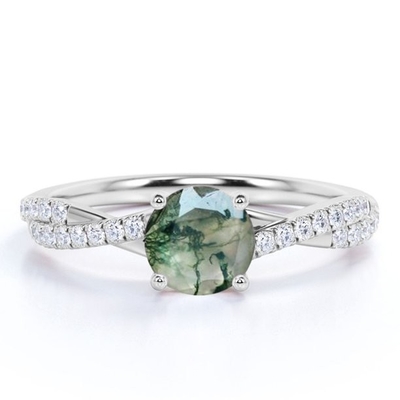 Natural Moss Agate Flower Shape Marquise Blossom Diamond Wedding Cluster Ring