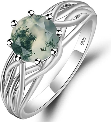 Natural Moss Agate Flower Shape Marquise Blossom Diamond Wedding Cluster Ring