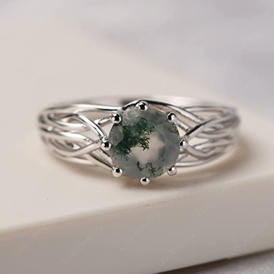 Nhẫn cổ điển 7 viên đá 1.1 carat hình bầu dục cắt mã não xanh rêu và nhẫn cưới chuôi trơn kim cương bằng vàng trắng