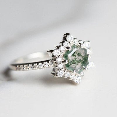 Nhẫn mã não rêu hình lục giác bông tuyết với đá Moissanites cho nữ