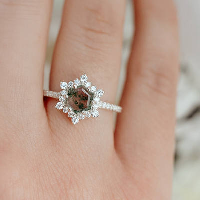 Nhẫn mã não rêu hình lục giác bông tuyết với đá Moissanites cho nữ
