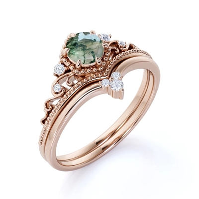 Large Hexagon Moss Agate Statement  Diamond Wedding Cluster Ring Set