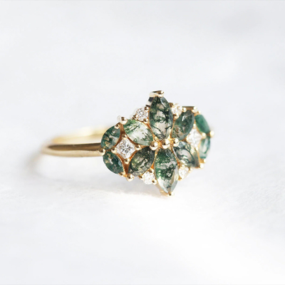 Natural Moss Agate Flower Shape Marquise Blossom Diamond Wedding Cluster Ring