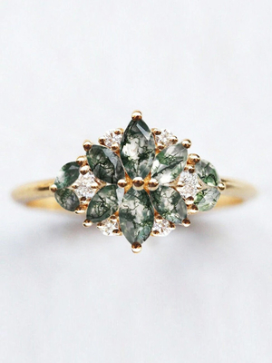 Natural Moss Agate Flower Shape Marquise Blossom Diamond Wedding Cluster Ring