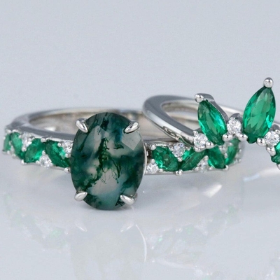 Lục Giác Cắt Rêu Tự Nhiên Mã Não Vintage Độc Đáo Moissanite Nhẫn Cưới Cho Trang Trí Nghệ Thuật