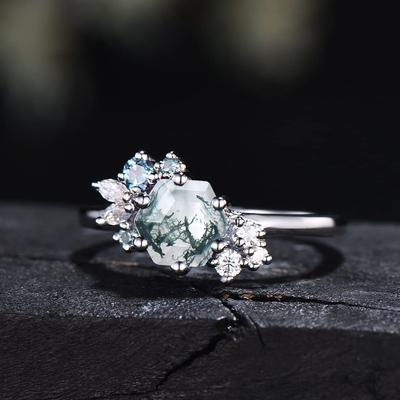 Lục Giác Cắt Rêu Tự Nhiên Mã Não Vintage Độc Đáo Moissanite Nhẫn Cưới Cho Trang Trí Nghệ Thuật