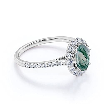 Oval Rêu Mã não Moissanite Kim cương Hoa Halo Nhẫn đính hôn Đá quý xanh