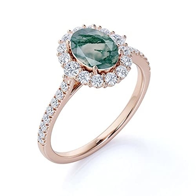 Oval Rêu Mã não Moissanite Kim cương Hoa Halo Nhẫn đính hôn Đá quý xanh
