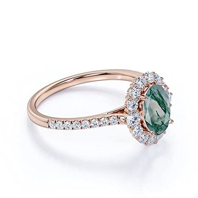 Oval Rêu Mã não Moissanite Kim cương Hoa Halo Nhẫn đính hôn Đá quý xanh