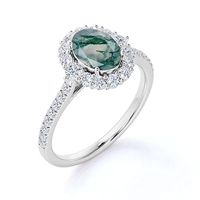Oval Rêu Mã não Moissanite Kim cương Hoa Halo Nhẫn đính hôn Đá quý xanh