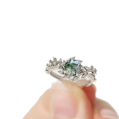 Hình Chiếc Lá Bạc 925 Trung Tâm Đính Đá Cô Dâu Mossagate Nhẫn Đính Hôn
