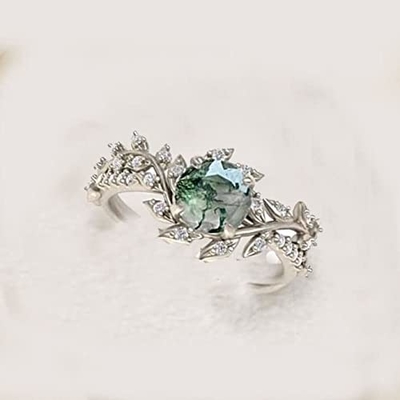 Hình Chiếc Lá Bạc 925 Trung Tâm Đính Đá Cô Dâu Mossagate Nhẫn Đính Hôn