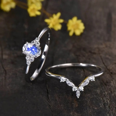 Chất Liệu Bạc 925 Cầu Vồng Đá Mặt Trăng Trang Sức Hình Bầu Dục Cắt Vintage Đá Mặt Trăng Nhẫn Đính Hôn Cho Nữ
