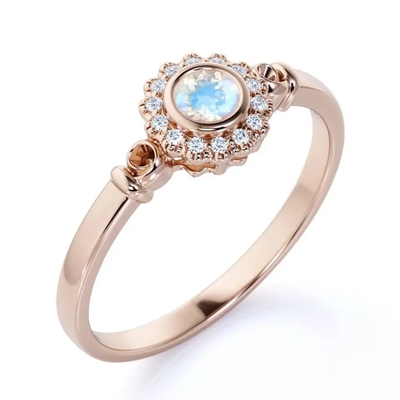Nhẫn Bạc 925 Vàng Hồng 1 Carat Hoa Hào Quang Nhẫn Cầu Vồng Đá Mặt Trăng