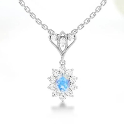 S925 Bạc Mạ Vàng 14K Hình Tròn Trang Sức Xanh Dương Mặt Đá Mặt Trăng Quả Cầu Vòng Cổ Trang Sức Cao Cấp