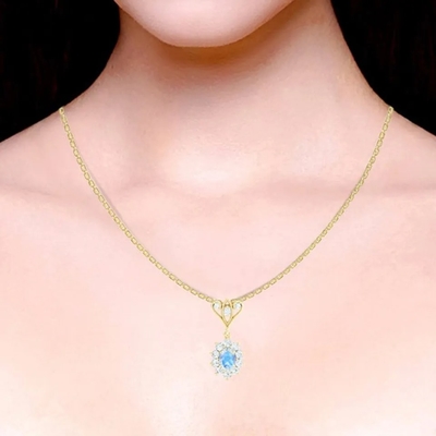 S925 Bạc Mạ Vàng 14K Hình Tròn Trang Sức Xanh Dương Mặt Đá Mặt Trăng Quả Cầu Vòng Cổ Trang Sức Cao Cấp