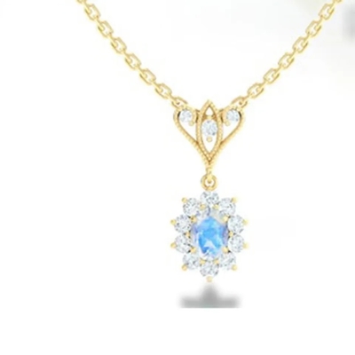 S925 Bạc Mạ Vàng 14K Hình Tròn Trang Sức Xanh Dương Mặt Đá Mặt Trăng Quả Cầu Vòng Cổ Trang Sức Cao Cấp