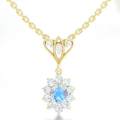 S925 Bạc Mạ Vàng 14K Hình Tròn Trang Sức Xanh Dương Mặt Đá Mặt Trăng Quả Cầu Vòng Cổ Trang Sức Cao Cấp