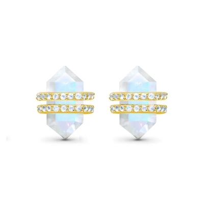 Chất Liệu Bạc 925 Trang Sức Đá Tự Nhiên Lục Giác Cắt Rainbow Xanh Bông Tai Đính Đá Mặt Trăng