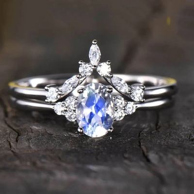Bộ Trang Sức Đá Tự Nhiên Bằng Bạc 925 Rainbow Blue Moonstone Bộ Nhẫn Cưới