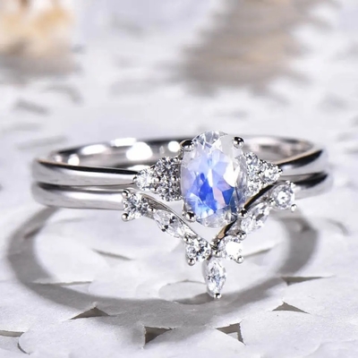 Bộ Trang Sức Đá Tự Nhiên Bằng Bạc 925 Rainbow Blue Moonstone Bộ Nhẫn Cưới