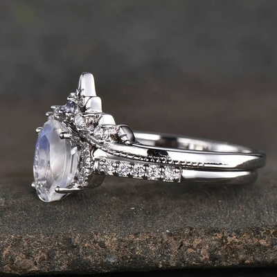 Bộ Trang Sức Đá Tự Nhiên Bằng Bạc 925 Rainbow Blue Moonstone Bộ Nhẫn Cưới