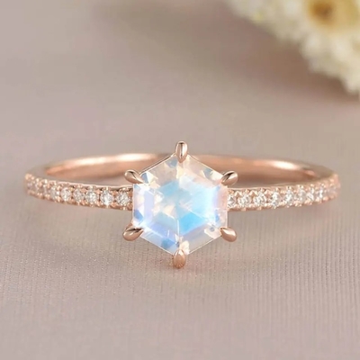 Trang sức cưới hình lục giác vàng hồng Nhẫn đính hôn bằng đá mặt trăng