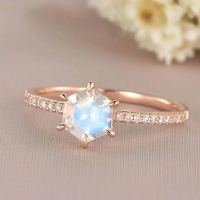 Trang sức cưới hình lục giác vàng hồng Nhẫn đính hôn bằng đá mặt trăng