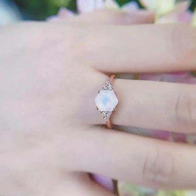 Hoa Hồng Vàng Hình Lục Giác Cưới Chính Hãng Trang Sức Đá Mặt Trăng Xinh Xắn Tự Nhiên Cầu Vồng Nhẫn Đá Mặt Trăng