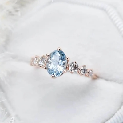 Tinh Tế Tuyệt Vời S925 Bạc Hoa Hồng Vàng Tròn Cz Hình Bầu Dục Xanh Aquamarine Nhẫn Đính Hôn Cụm Xinh Xắn Nhẫn