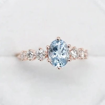 Tinh Tế Tuyệt Vời S925 Bạc Hoa Hồng Vàng Tròn Cz Hình Bầu Dục Xanh Aquamarine Nhẫn Đính Hôn Cụm Xinh Xắn Nhẫn