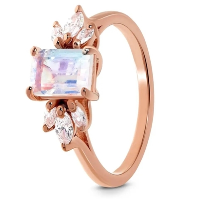 Bộ nhẫn đính hôn độc đáo hình bầu dục đá mặt trăng nghệ thuật trang trí bằng vàng trắng Bạc 925
