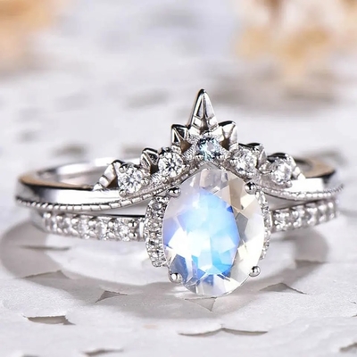 Bộ nhẫn đính hôn độc đáo hình bầu dục đá mặt trăng nghệ thuật trang trí bằng vàng trắng Bạc 925