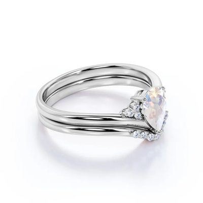S925 Vàng Hình quả lê tự nhiên Cz Rainbow Moonstone Ring Set Boho Wedding