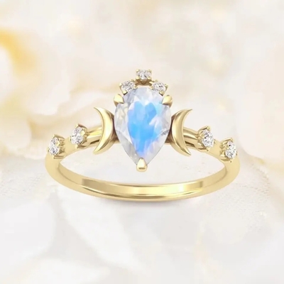Đá Mặt Trăng Tự Nhiên Đá Quý Bạc 925 Kỷ Niệm Trang Sức Nhẫn Chính Hãng Quả Lê Cắt