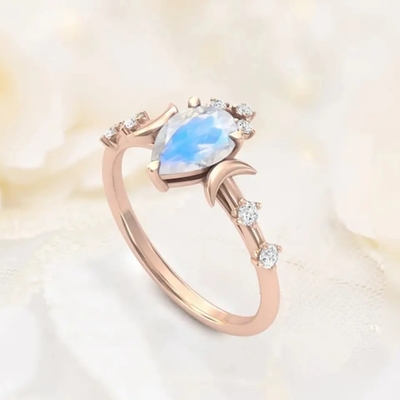 Đá Mặt Trăng Tự Nhiên Đá Quý Bạc 925 Kỷ Niệm Trang Sức Nhẫn Chính Hãng Quả Lê Cắt