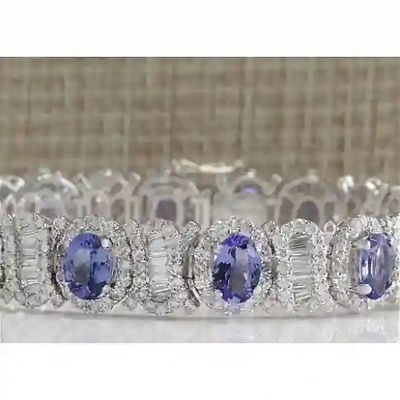 24.70 CTW Vòng tay kim cương và đá Tanzanite tự nhiên bằng vàng trắng nguyên khối 14K