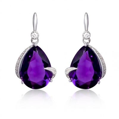Bông tai giọt thạch anh tím &amp; kim cương bằng vàng 9ct Bông tai giọt nước cho nữ