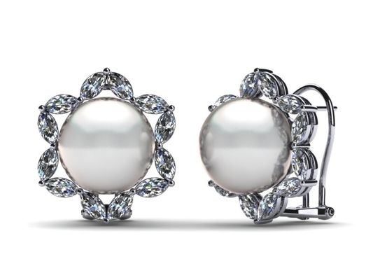 Bông tai Marquise ngọc trai nuôi nước ngọt và kim cương vàng trắng 14K